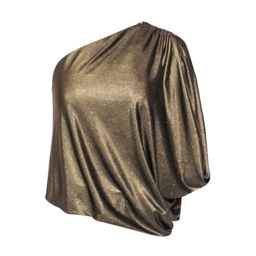 🔥 ALICE & OLIVIA - Gold Metallic Asymmetric One-Shoulder Blouse Sz XS